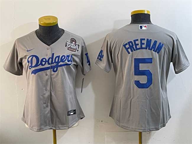 Women%27s Los Angeles Dodgers #5 Freddie Freeman Grey 2024 World Series Cool Base Stitched Jersey(Run Small)